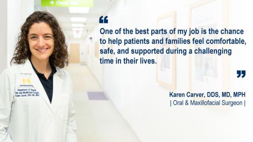 Dr. Karen Carver standing in a hallway and her #WeAreUmichSurgery quote