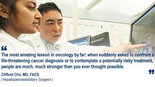 Dr. Clifford Cho talking to a student and his #WeAreUmichSurgery quote