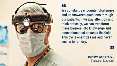 Dr. Mattew Corriere in the operating room and his #WeAreUmichSurgery quote