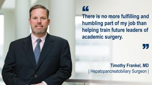Dr. Timothy Frankel standing in a hallway and his #WeAreUmichSurgery quote
