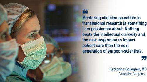 Dr. Katherine Gallagher and team members in the operating room and her #WeAreUmichSurgery quote