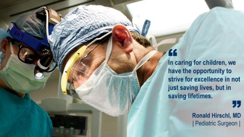 Dr. Ronald Hirschl and team member in the operating room and his #WeAreUmichSurgery quote