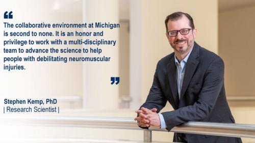 Dr. Kemp leaning on a balcony with his #WeAreUmichSurgery quote