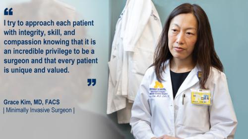 Dr. Grace Kim talking to a patient and her #WeAreUmichSurgery quote