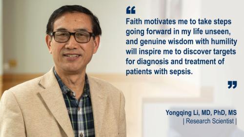 Dr. Yonqing Li standing in a hallway and his #WeAreUmichSurgery quote