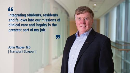 Dr. John Magee standing in a hallway and his #WeAreUmichSurgery quote