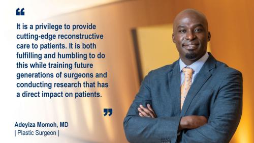 Dr. Adeyiza Momoh standing in a hallway and his #WeAreUmichSurgery quote