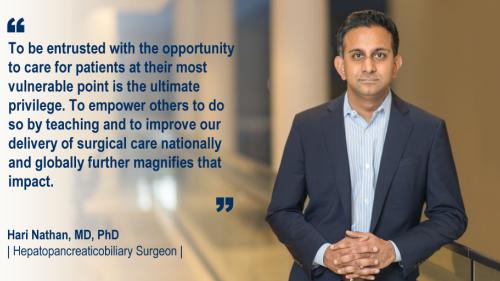Dr. Hari Nathan standing in a hallway and his #WeAreUmichSurgery quote