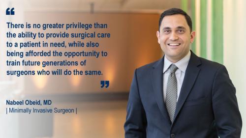 Dr. Nabeel Obeid standing in a hallway and his #WeAreUmichSurgery quote