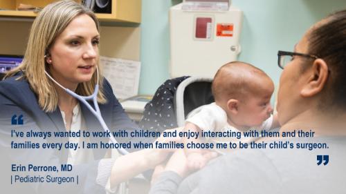 Dr. Erin Perrone with a patient and parent and her #WeAreUmichSurgery quote