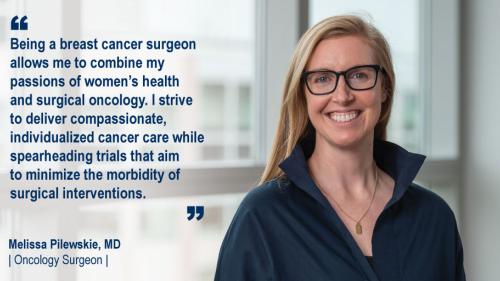 Dr. Melissa Pilewskie standing in a hallway and her #WeAreUmichSurgery quote
