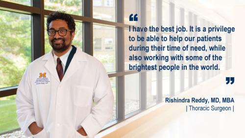 Dr. Rishindra Reddy standing in a hallway and his #WeAreUmichSurgery quote