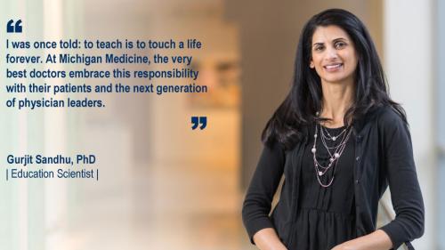 Dr. Gurjit Sandhu standing in a hallway and her #WeAreUmichSurgery quote