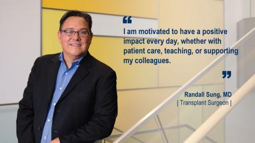 Dr. Sung standing in a hallway and his #WeAreUmichSurgery quote