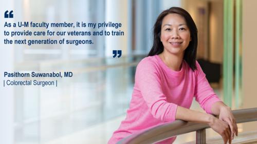Dr. Pasithorn Suwanabol standing in a hallway and her #WeAreUmichSurgery quote