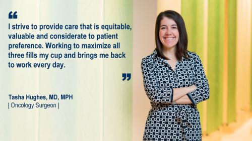 Dr. Tasha Hughes standing in a hallway and her #WeAreUmichSurgery quote