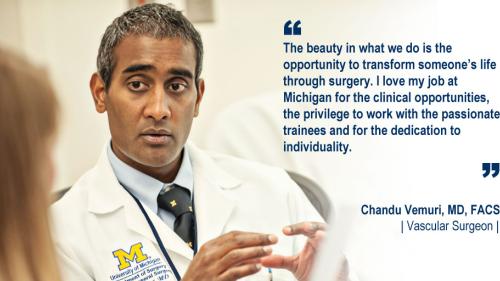 Dr. Chandu Vemuri talking to a patient and and his #WeAreUmichSurgery quote