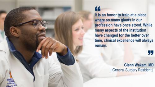 Dr. Glenn Wakam in a classroom and his #WeAreUmichSurgery quote