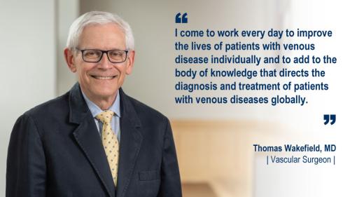 Dr. Thomas Wakefield standing in a hallway and his #WeAreUmichSurgery quote