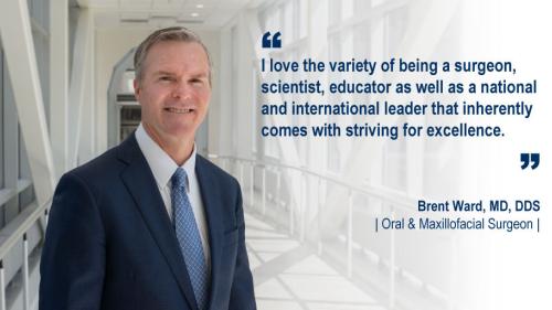 Dr. Brent Ward standing in a hallway and his #WeAreUmichSurgery quote