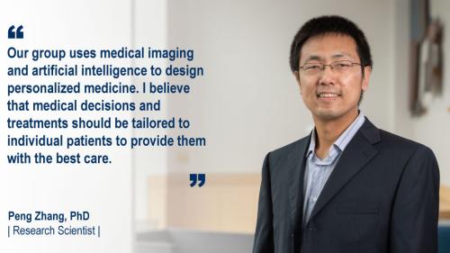 Dr. Peng Zhang standing in a hallway and his #WeAreUmichSurgery quote