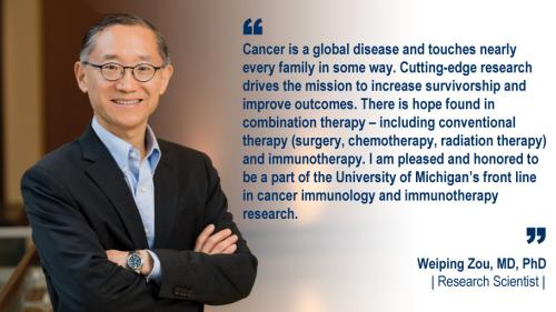 Dr. Weiping Zou standing in a hallway and his #WeAreUmichSurgery quote