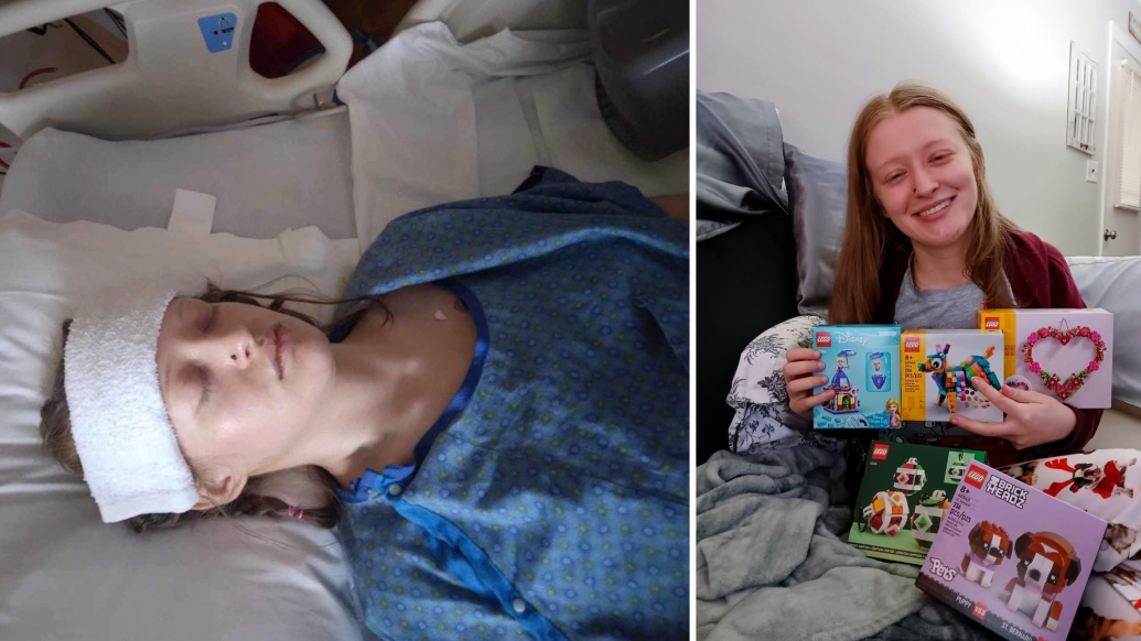 Paige Gibbons pictured after her brain tumor surgery, and at home as she recovers. Photos courtesy of Paige Gibbons